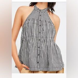 Free People Take It Easy Gingham Halter Top Size Large Black & White